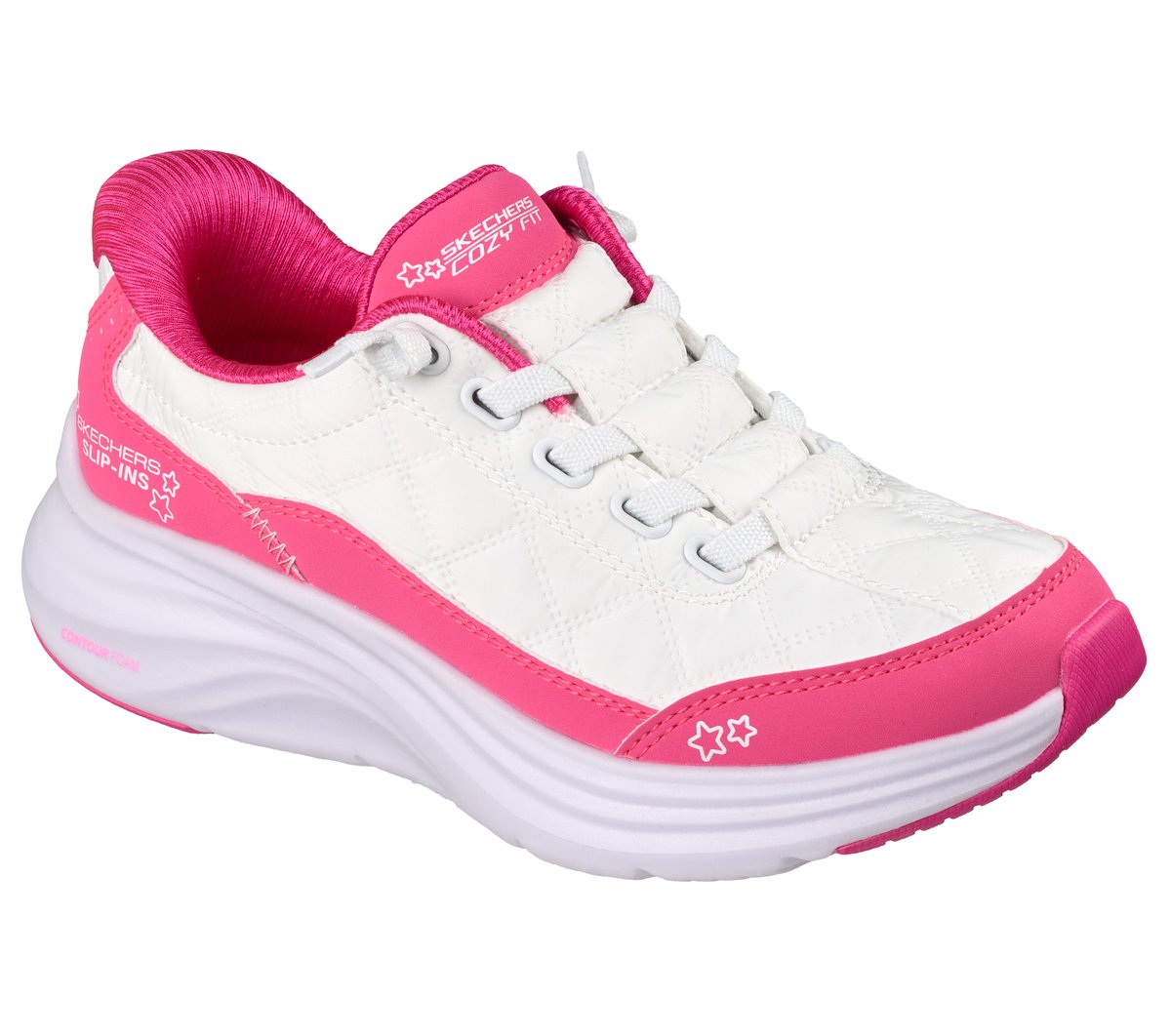Skechers Slip-ins: Contour Foam - Cozy Fit Chaussures Moyen Width en Blanc/Rose Fluo, Lavable en machine