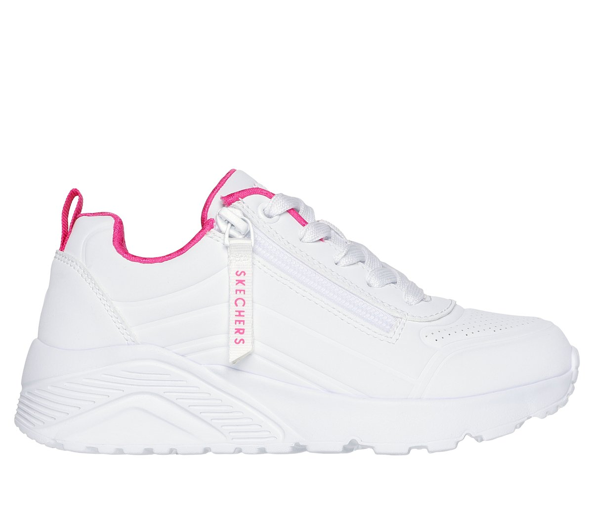 Skechers niña UNO Lite - Easy Zip en Blanco/Rosa Caliente, talla 27