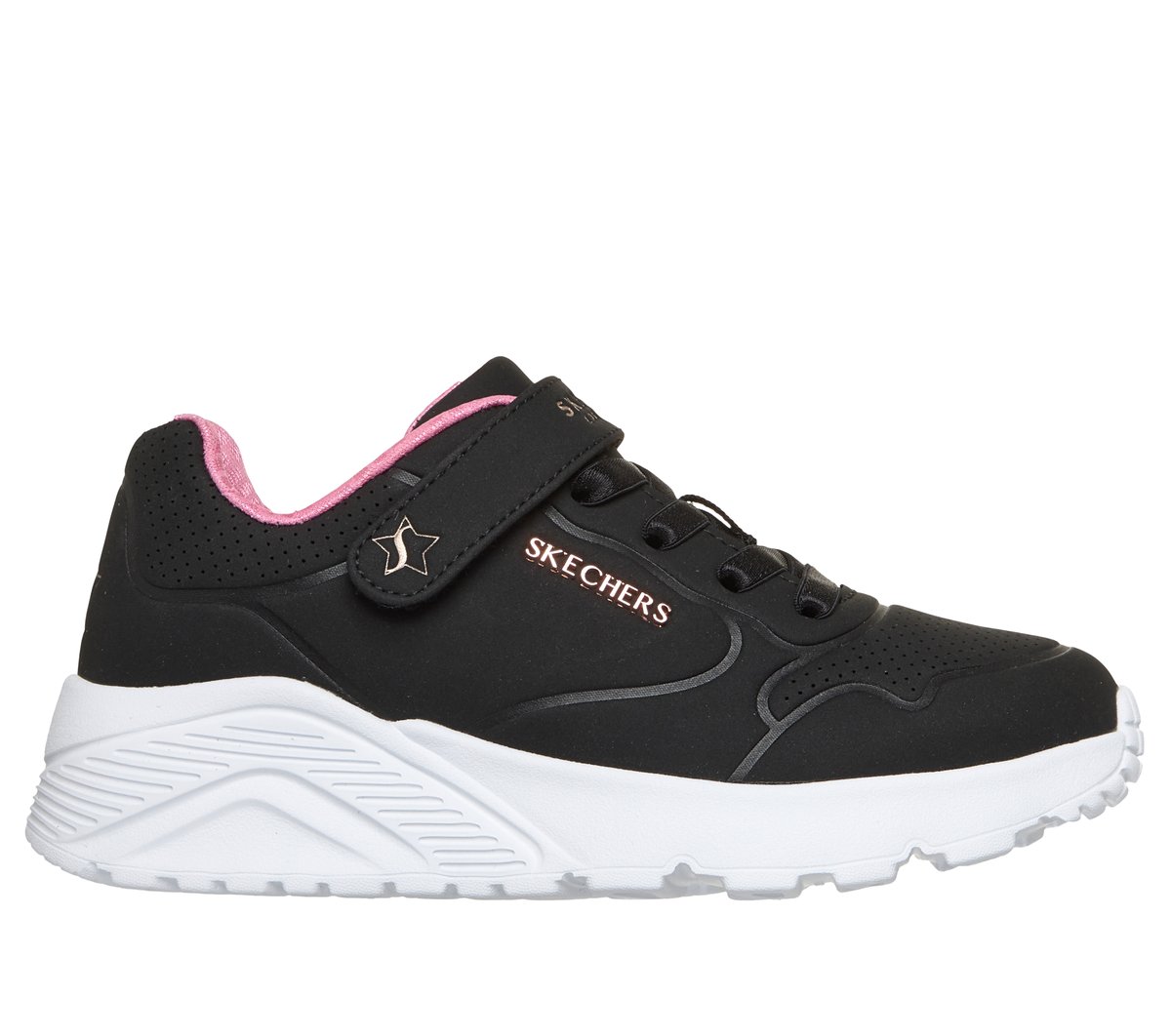 Skechers niña UNO Lite - Star Icon en Negro/Oro Rosa, talla 27