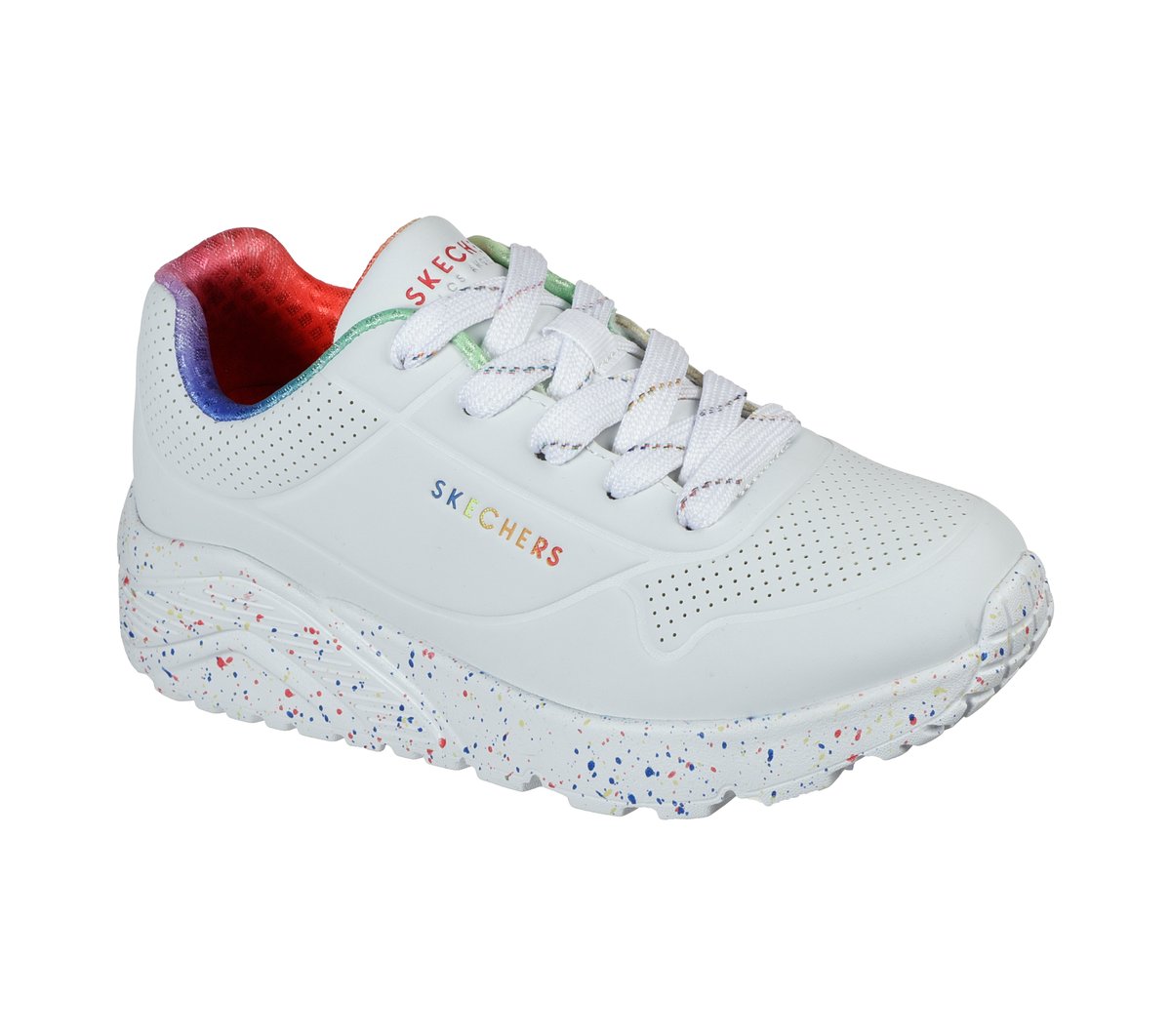 Skechers niña UNO Lite - Rainbow Speckle en Blanco, talla 28