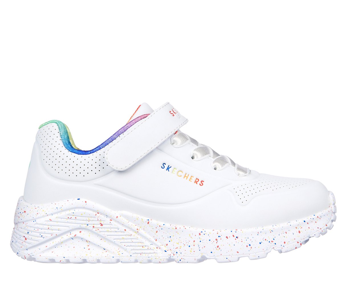 Skechers niña UNO Lite - Rainbow Specks en Blanco, talla 28