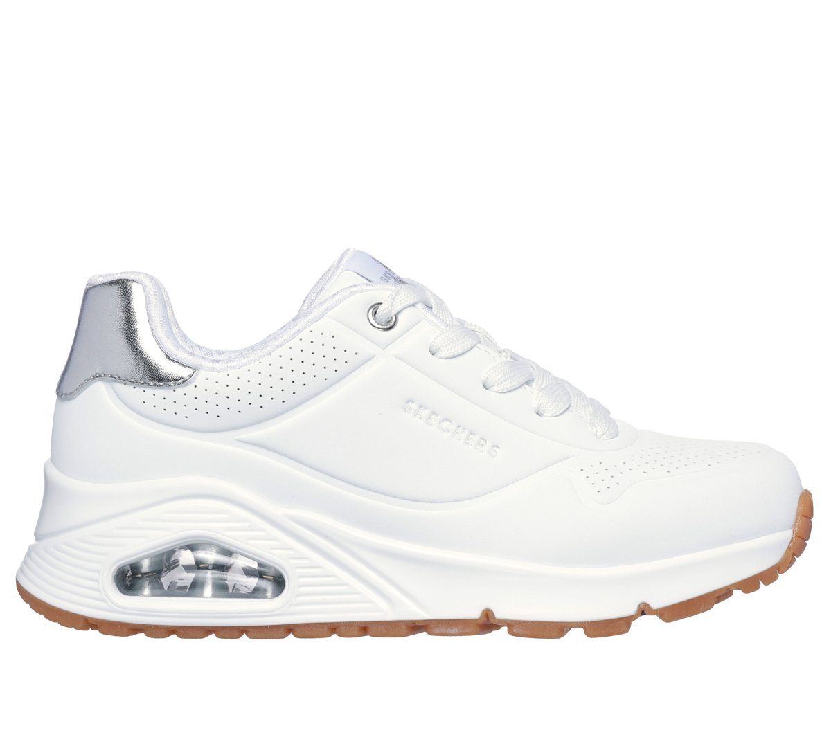 Skechers niña UNO Gen1 - Shimmer Away en Blanco/Plata, talla 34