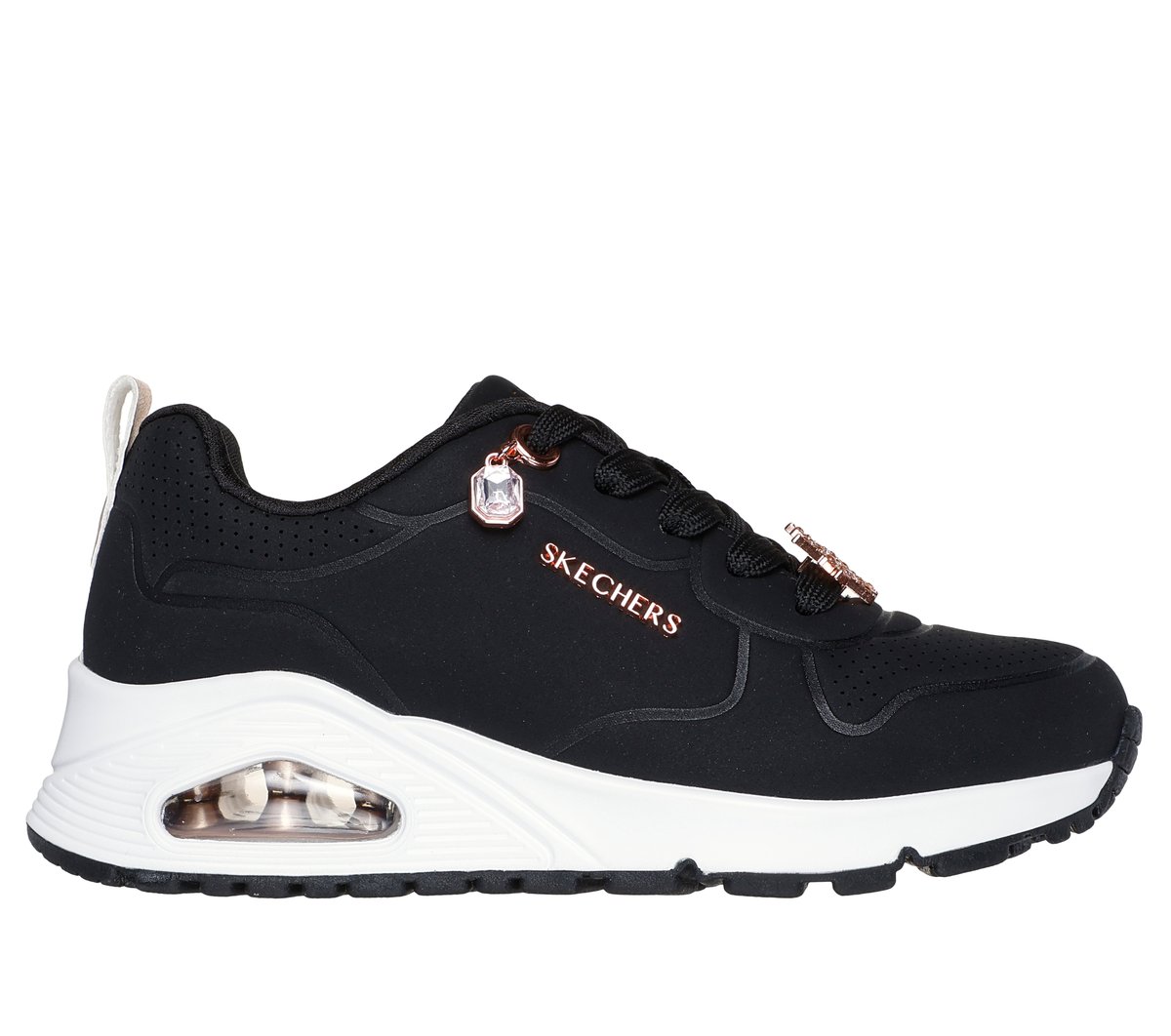 Skechers Girls Black,Rose Gold Uno Gen1 - Trendy Jewels Sneaker In Black/Rose Gold, Size 5.5 | Synthetic