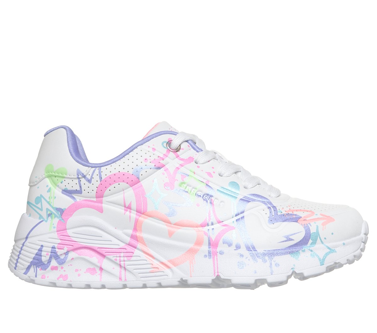 Skechers niña UNO Lite - Reigning Love en Blanco, talla 28.5, lavable a máquina