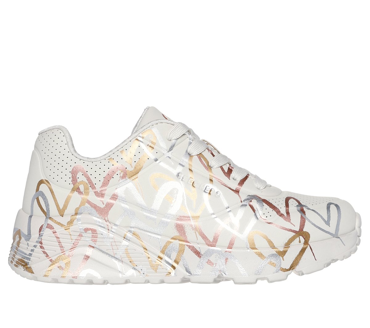 Skechers niña x JGoldcrown: UNO Lite - Metallic Love en Natural, talla 27