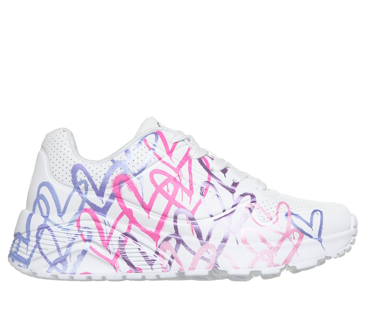 Skechers niña JGoldcrown: UNO Lite - Metallic Joy en Blanco/Morado/Rosa, talla 33