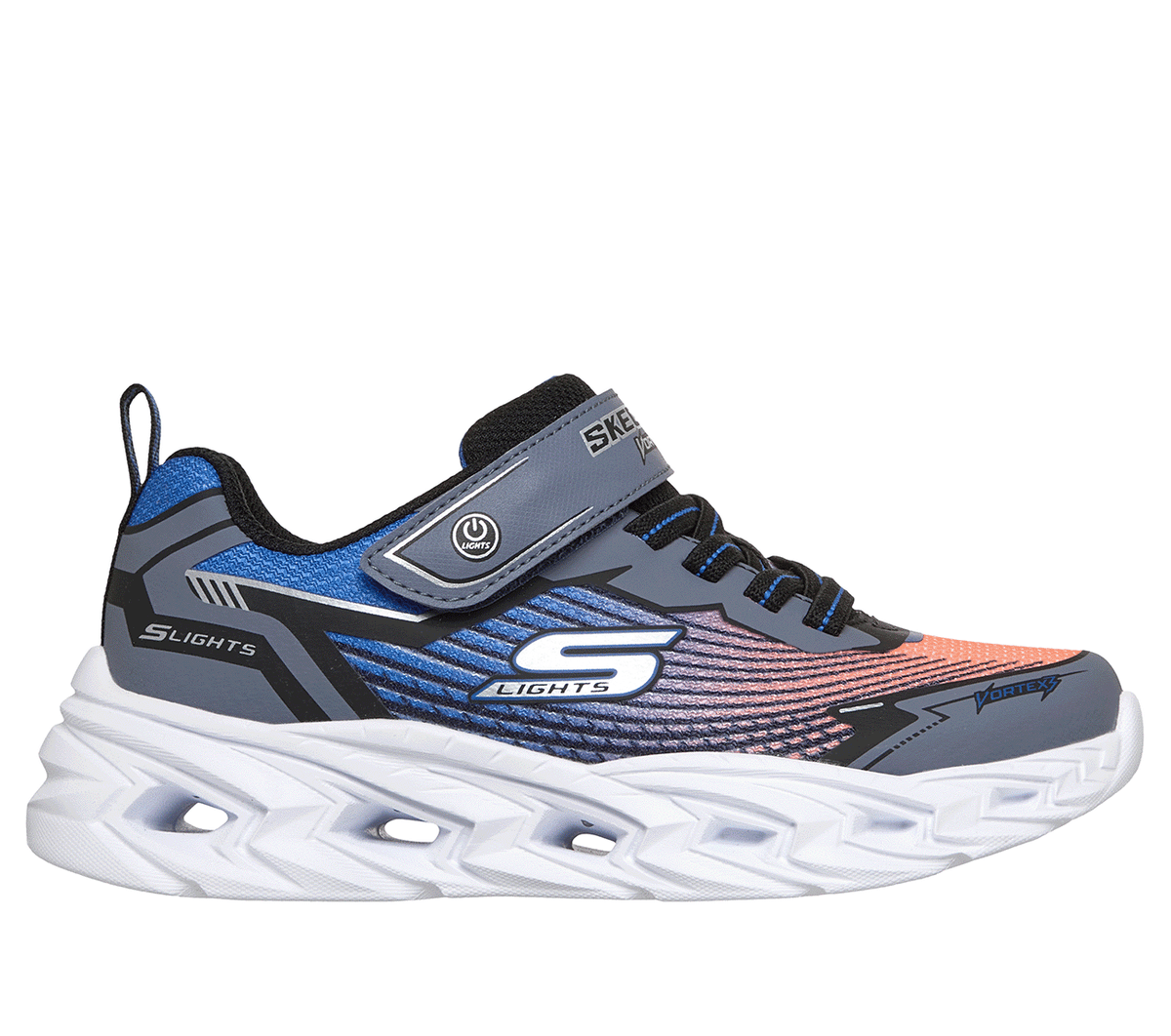 Skechers niño S-Lights: Vortex 3.0 en Negro/Azul/Naranja, talla 30