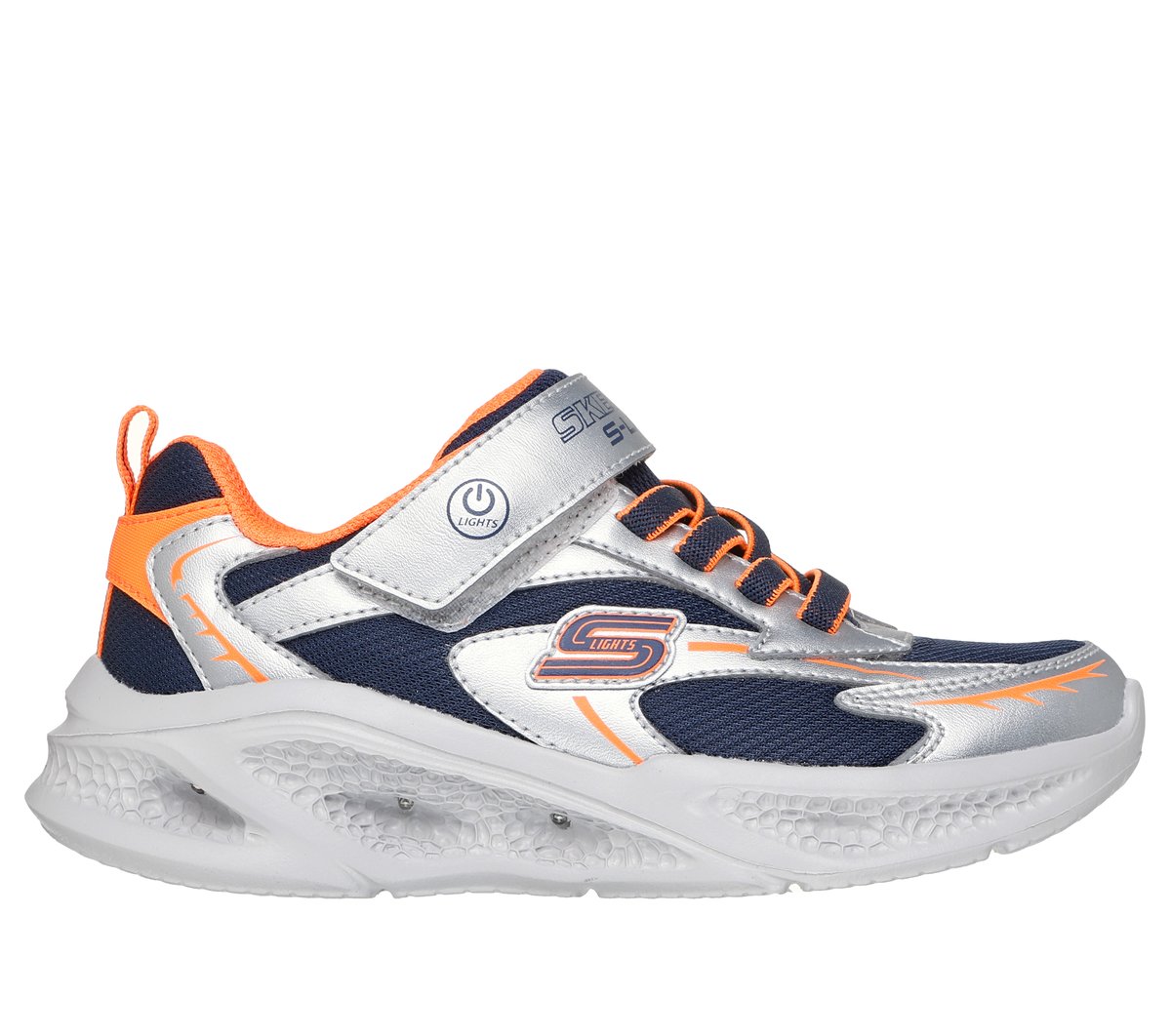 Skechers niño Meteor-Lights - Glow-Strider en Plata/Naranja, talla 30