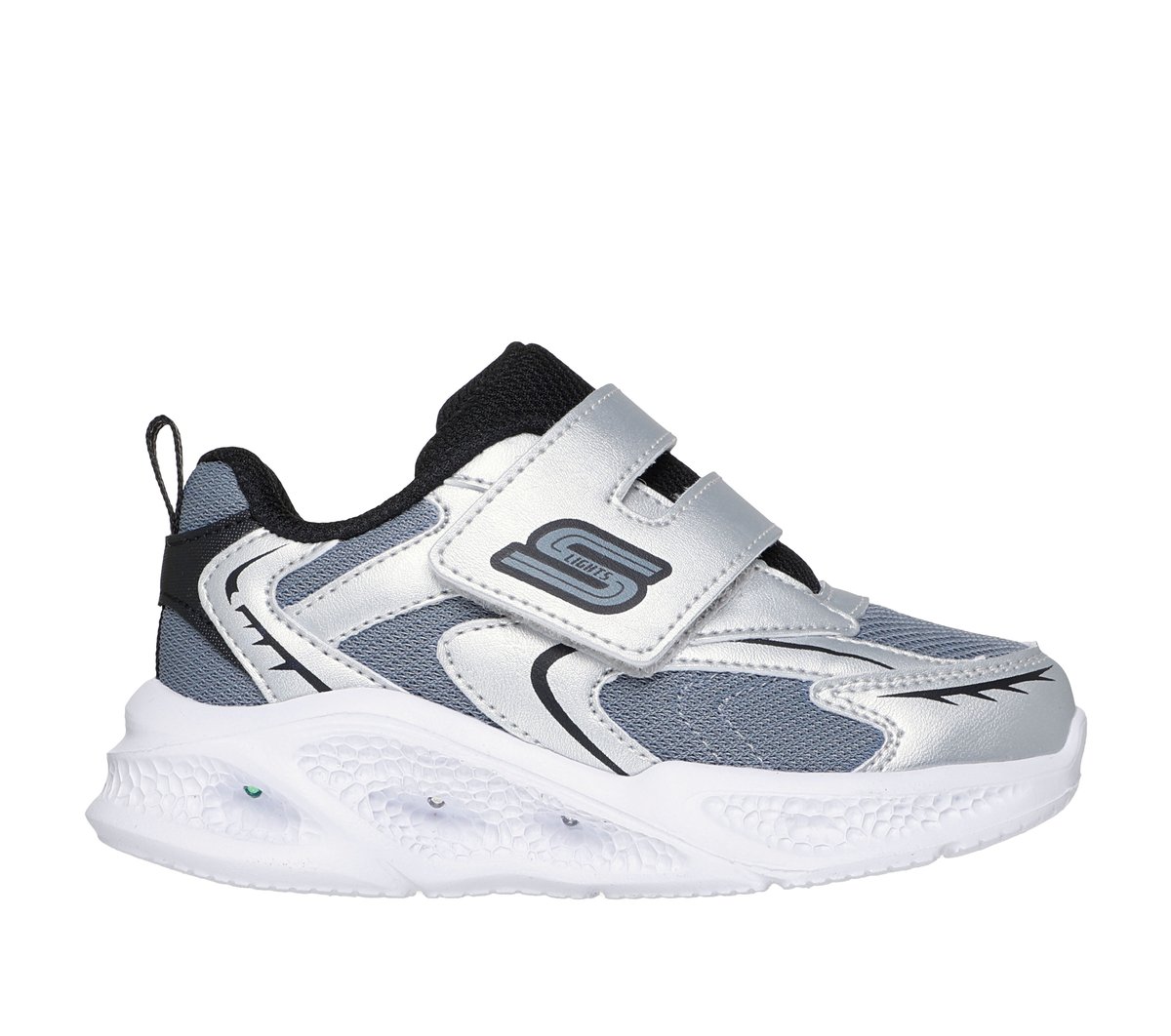 Skechers S-Lights: Meteor-Lights - Glow Spike en Plata/Negro, talla 26