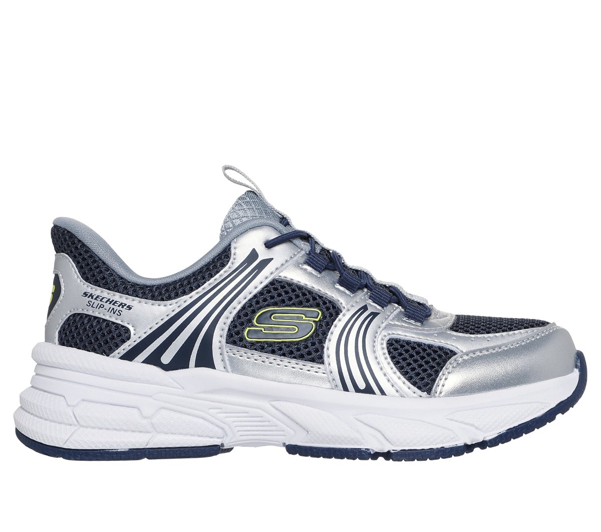 Skechers Boy's Slip-Ins: Retro-Graph - Swift-Pacer Sneaker In Silver/Navy Blue, Size 13.5 | Synthetic/Textile, Machine Washable