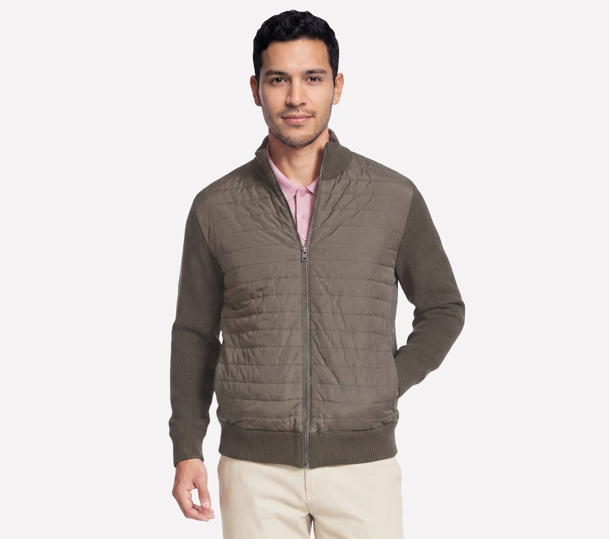 The Hoodless Hoodie Cozy Fit Knit Hybrid Jacket — BROWN / OLIVE