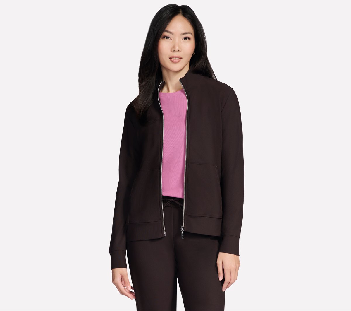 Skechers GO Luxe Rib Everyday Full Zip chaqueta en Chocolate/Negro, talla Grande