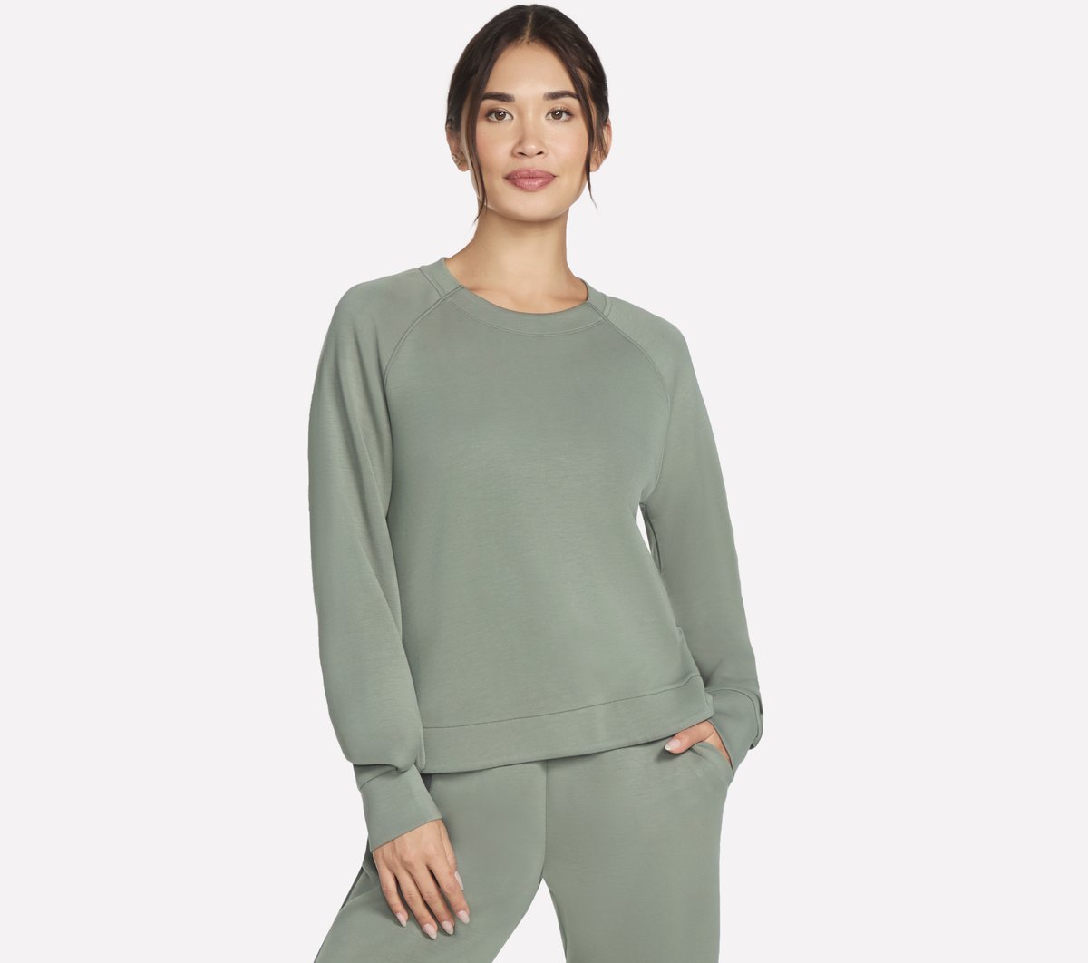 Skechers női Cozy Luxe Crewneck cm SZÜRKÉSBARNA / OLAJZÖLD, Méret Kicsi