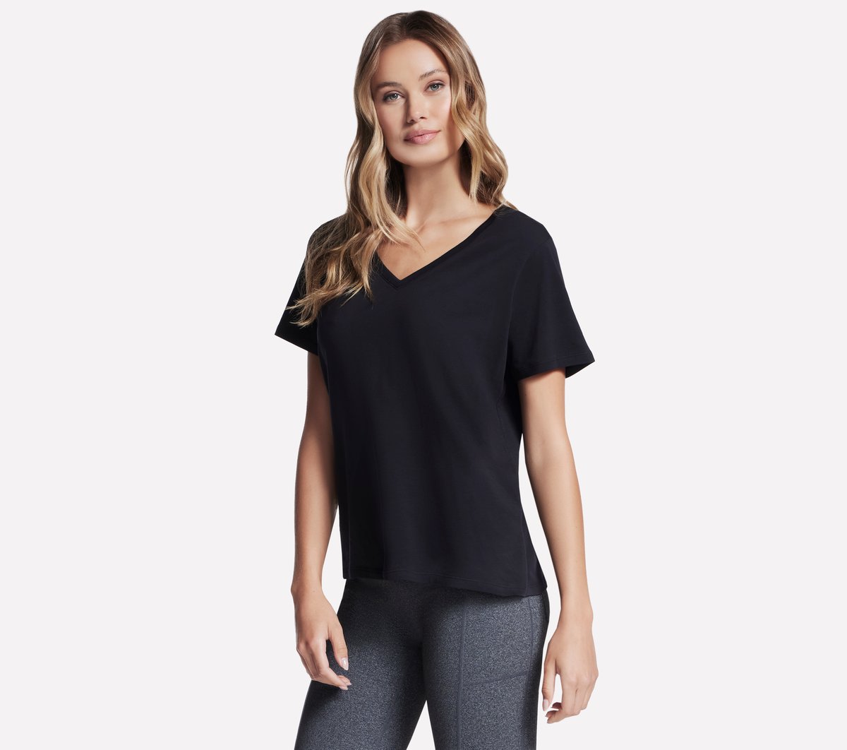 Skechers Women's Pima V-Neck T-Shirt In Black, Size Large | Pima Cotton/Spandex