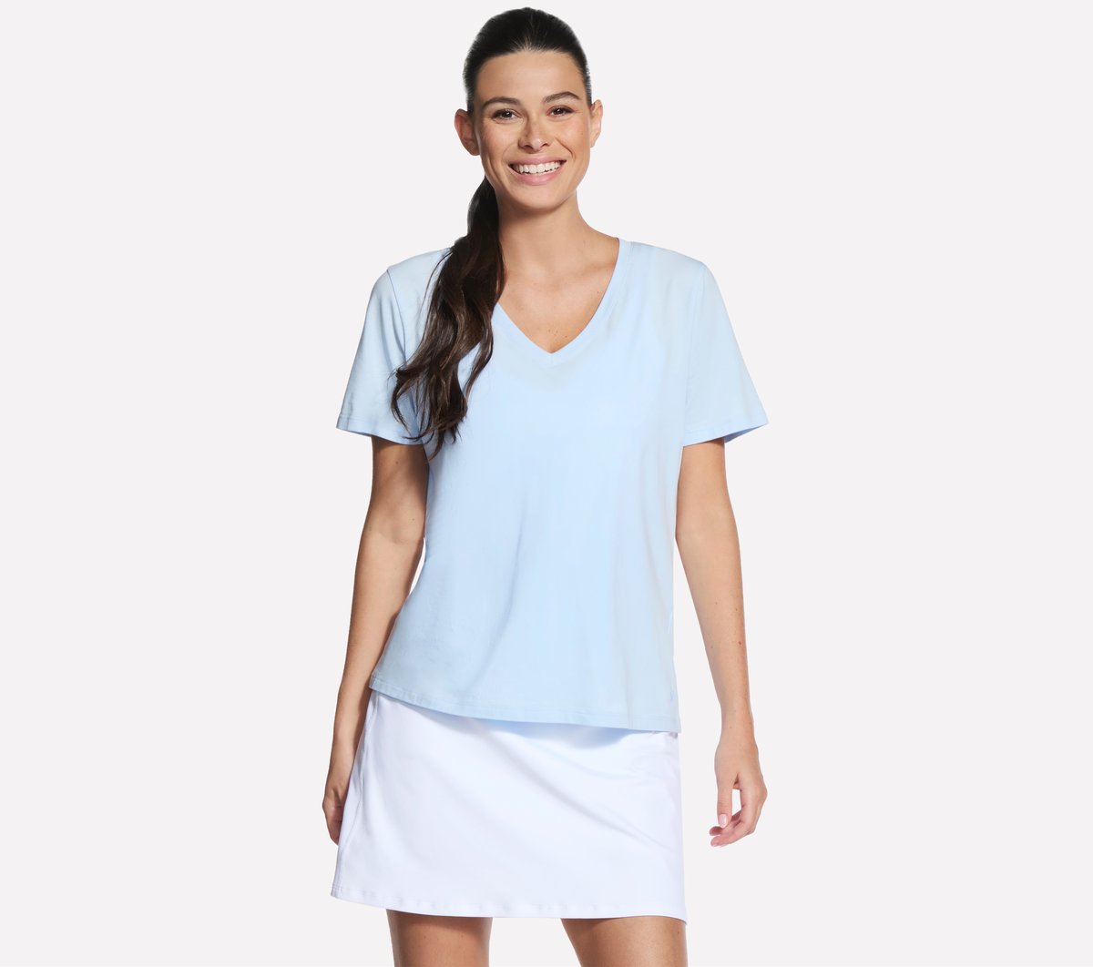 Skechers Pima V-Neck camiseta en Plata/Blanco/Azul, talla Pequeña