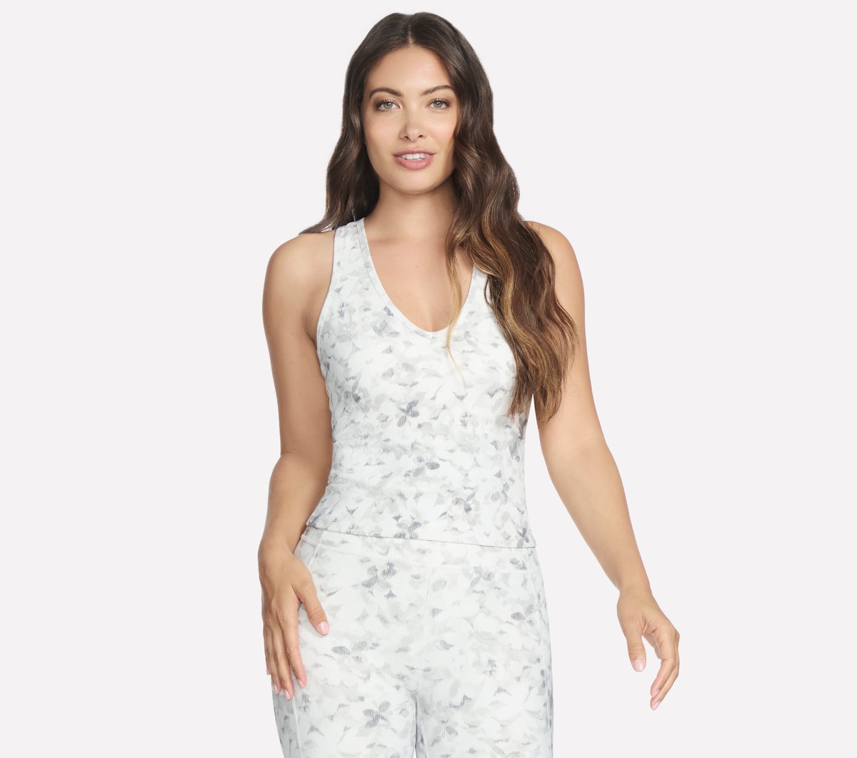 Skechers GO FLEX RIB Floral Mirage V-Neck Tank en Plata/Gris, talla XS