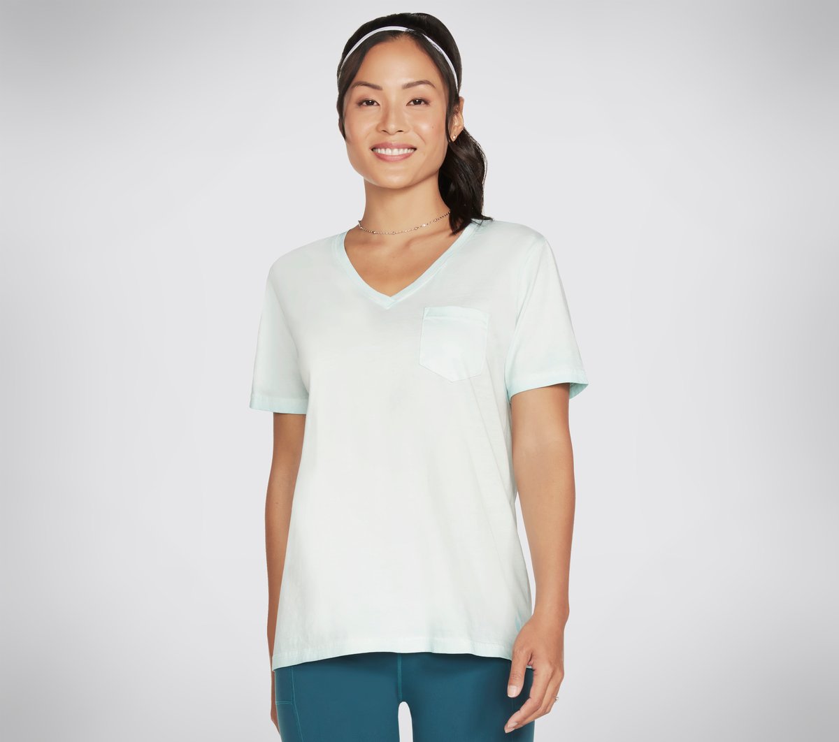Skechers Donna Diamond Wash Hatha V-Neck Pocket maglietta in Verde Acqua, Taglia XS-image-W1TS331_AQUA