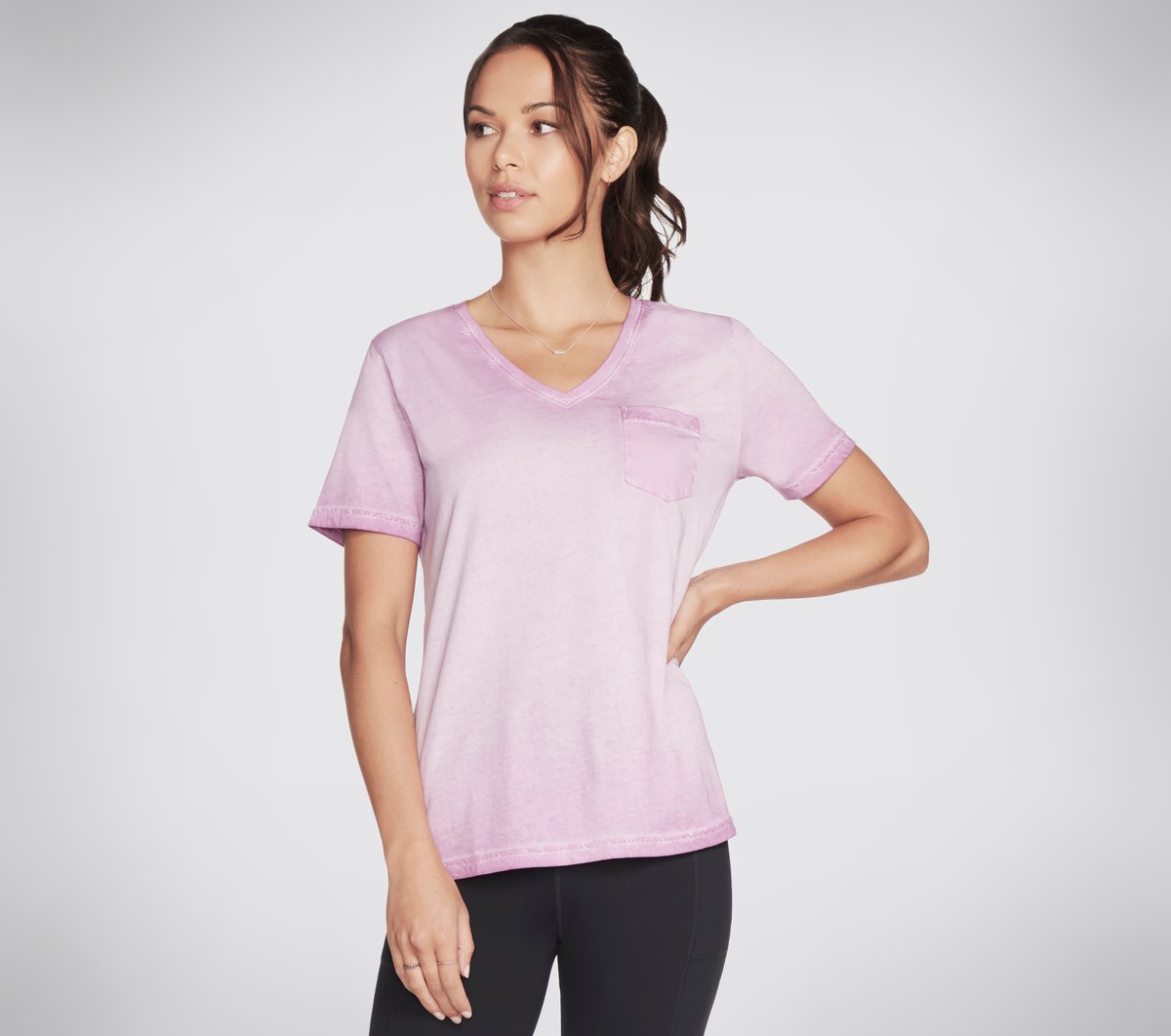 Skechers Women's Diamond Wash Hatha V-Neck Pocket T-Shirt in Purple/Hot Pink, Size Small | Cotton-image-195969499122