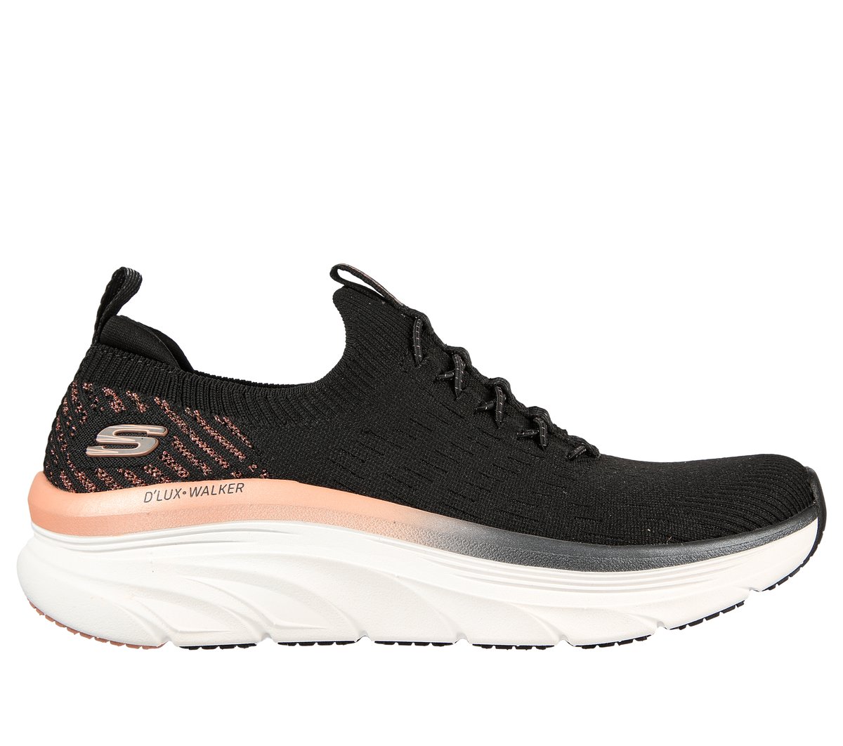 Skechers Dames Relaxed Fit: D'Lux Walker - Let it Glow CM Zwart/Roos Goud, Maat 35, Vegan, Medium