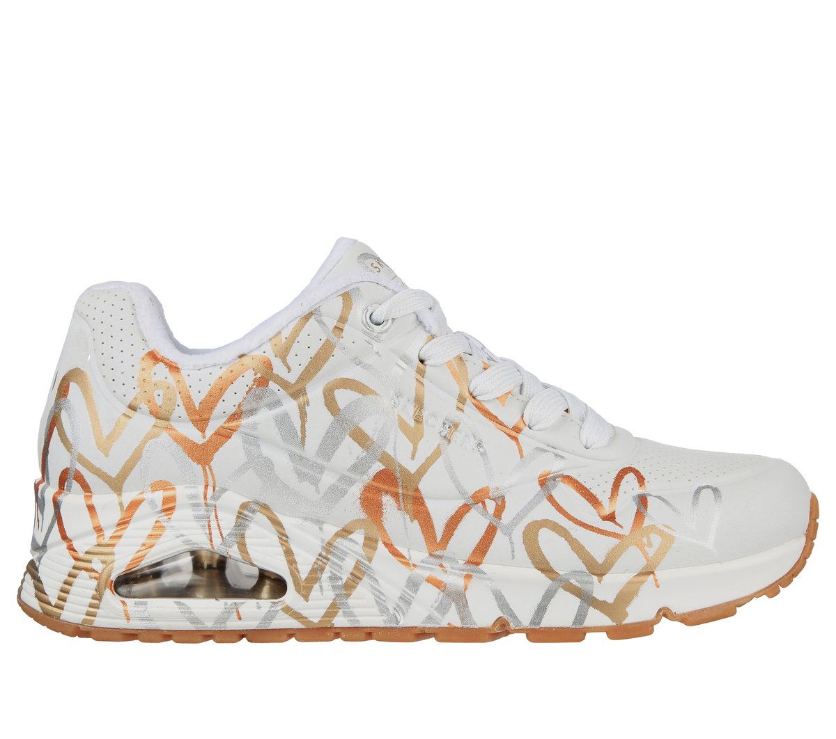 Skechers Dames x JGoldcrown: UNO - Metallic Love CM Zwart/Goud, Maat 35, Medium