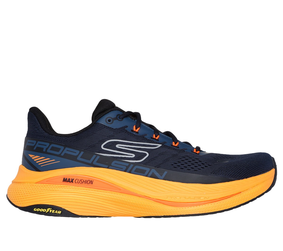 Skechers Heren Max Cushioning Propulsion CM Marine/Oranje, Maat 39.5, Vegan, Mag in de wasmachine, Medium