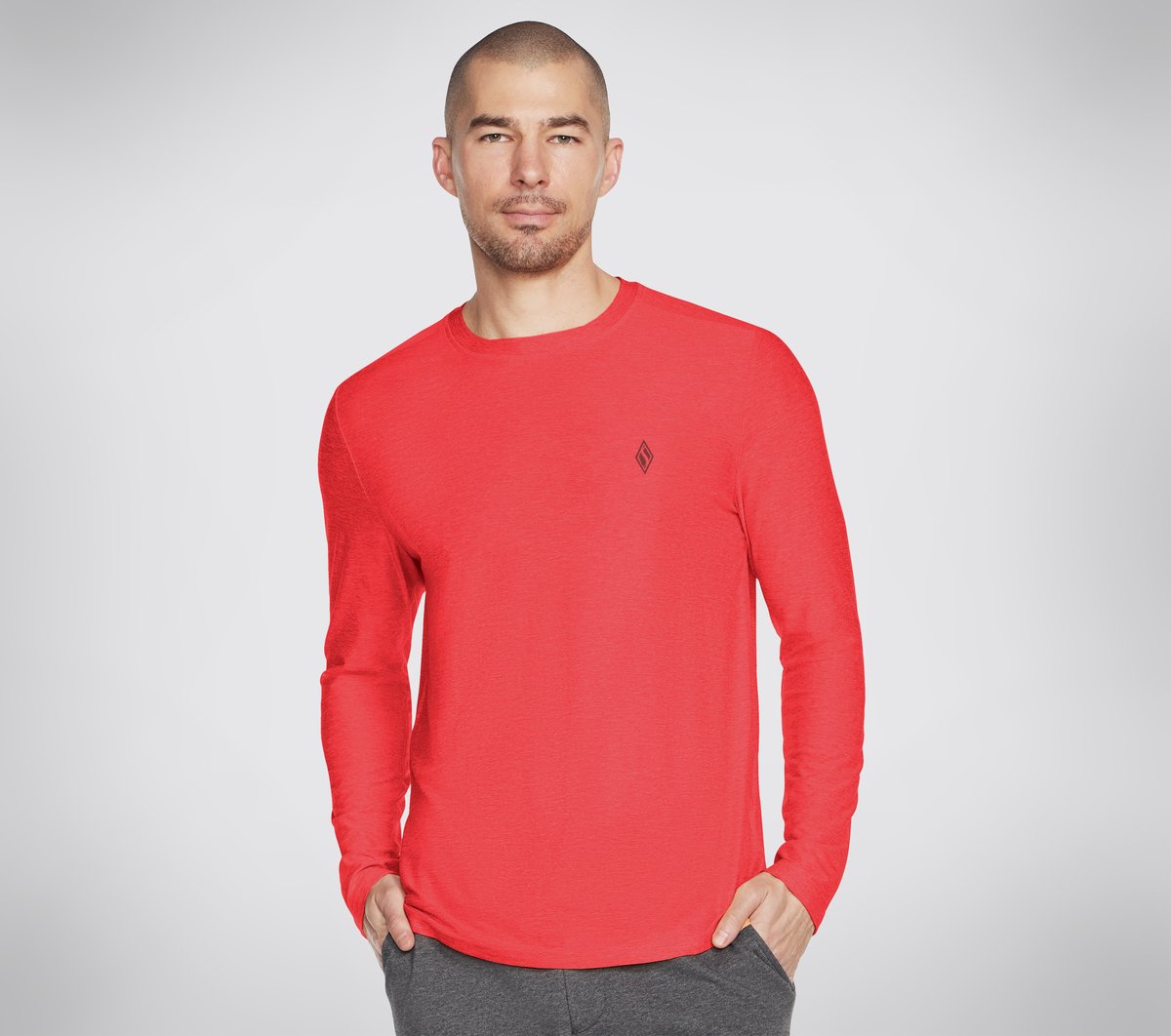 Skechers Heren GO DRI All Day L/S Diamond T-Shirt Solid CM Gunmetal/Rood, Maat 3XL