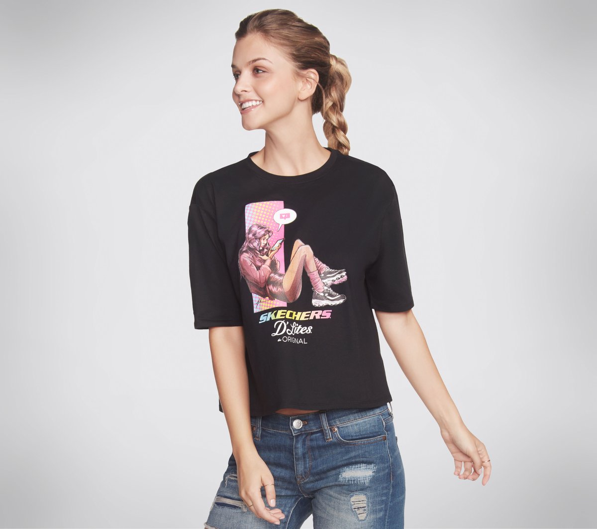 Skechers Dames D'Lites Cell Girl Cropped Tee CM Zwart, Maat Medium