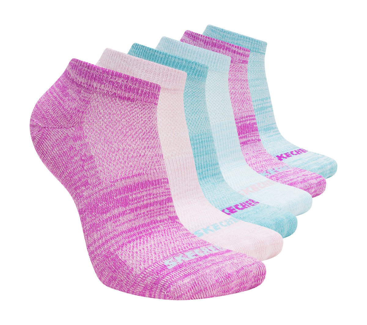 Skechers 6 Pack Girls' Low Cut Color Stripe Chaussettes en Violet/Turquoise, Pointure Petit